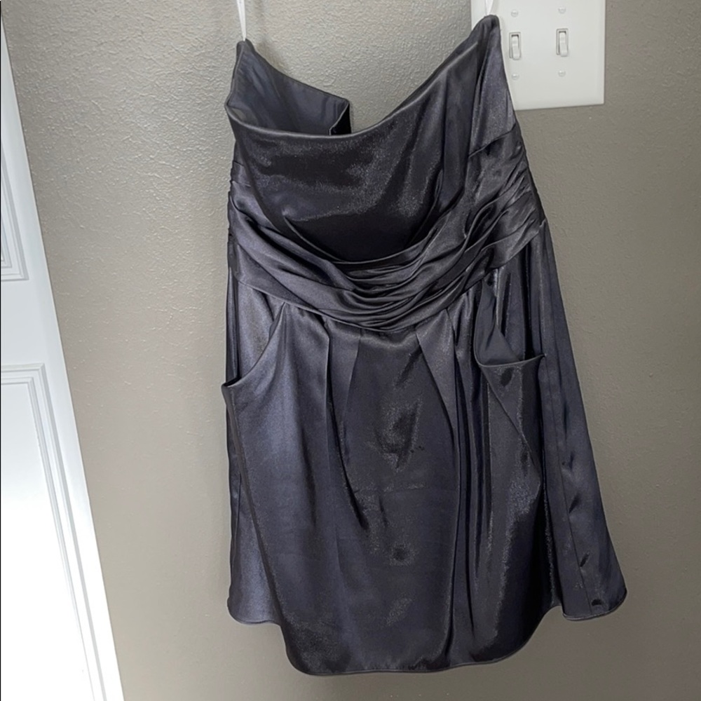 Gray formal strapless dress with pockets